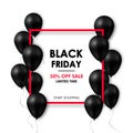 Black friday Sale banner. Shiny black balloons on white background with red frame.