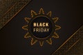 Black Friday sale banner template on abstract black background with golden glittering pattern, christmas trees and text. Royalty Free Stock Photo