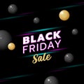 Black Friday sale banner template with green, violet neon light and black, gold yellow sphere objects on dark background. Royalty Free Stock Photo