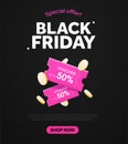 Black friday sale banner template with pink voucher or coupons and gold coins. Premium special price offers sale coupon