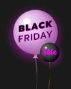 Black Friday sale banner template with black and purple balloon objects on dark background. Violet and white text lettering. Royalty Free Stock Photo