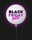 Black Friday sale banner template with white balloon object on dark background. Violet and white text lettering. Royalty Free Stock Photo
