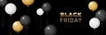 Black Friday sale banner template with black, white, gold balloon objects on dark background. Gold text lettering. Royalty Free Stock Photo