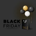 Black Friday sale banner template with black, white, gold balloon and shopping bag objects on dark background. Royalty Free Stock Photo