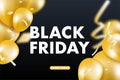 Black Friday sale banner vector background, gold ballons and conffeti