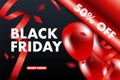 Black Friday sale banner vector background, red and black ballons and conffeti