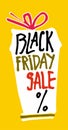 Black Friday Sale. Bright vertical poster. Hand drawn vector template box with a red bow on a yellow background.