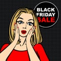 Black friday sale bubble and pop art astonished cute girl Royalty Free Stock Photo