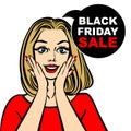 Black friday sale bubble and pop art astonished cute girl Royalty Free Stock Photo