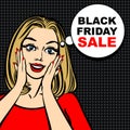 Black friday sale bubble and pop art astonished cute girl Royalty Free Stock Photo