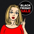 Black friday sale bubble and pop art woman to point the finger. Royalty Free Stock Photo