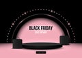 Black Friday Sale, Circle pedestal with Bag shopping on black and pink studio background. Stage empty for Product, Advertising. Royalty Free Stock Photo