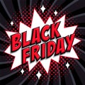 Black Friday sale Comic style banner. Red Black friday inscription on white shape and black background. Pop-art comics