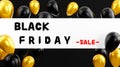 Black Friday sale concept, shiny golden balloons flyer with white horizontal frame banner Royalty Free Stock Photo