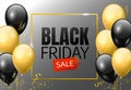 Black Friday sale design concept. Black and golden glossy balloons and confetti with text on grey background. - Vector Royalty Free Stock Photo