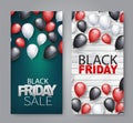 Black Friday Sale design concept. A set of vertical banners. Red, white, and black balloons over wooden board. Royalty Free Stock Photo