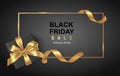 Black friday sale design template. Decorative black gift box with golden bow and long ribbon. Vector illustration Royalty Free Stock Photo