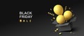 Black friday sale design template. Open black gift box with yellow flying balloon, yellow swirl long ribbons and confetti.