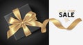 Black friday sale design template. Text with black gift box and gold bow with long golden ribbon. Vector illustration Royalty Free Stock Photo