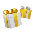 Black Friday and sale event concept. Two white and golden gift boxes with ribbon bow isolated. 3d rendering Royalty Free Stock Photo