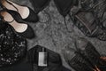 Black Friday Sale Fashion Background. Clothes Flat Lay with Shoes, Fragrance, Lingerie and Phone. Offer Shop Concept Royalty Free Stock Photo