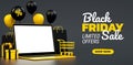 Black Friday sale flyer background with laptop mockup blank screen and yellow stuff in realistic 3D rendering. Lettering text, Royalty Free Stock Photo