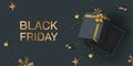 Black friday sale, gift box. Gold christmas present, 3d luxury birthday event coupon, noel render. Web banner background Royalty Free Stock Photo