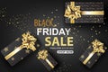 Black Friday sale with Gift box on gold glitter background banner.Creative paper cut and craft Minimal Top view style.Festival