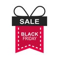 Black friday, sale gift shaped ribbon sticker event icon flat style