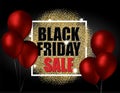Black friday sale with gold balloons and red glitter effect. Vector illustration.