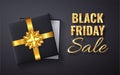 Black Friday Sale Golden glitter sparkle.Open Black Gift box with gold bow and ribbon top view. Vector illustration Royalty Free Stock Photo