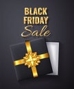 Black Friday Sale Golden glitter sparkle.Open Black Gift box with gold bow and ribbon top view. Vector illustration Royalty Free Stock Photo