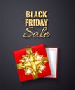 Black Friday Sale Golden glitter sparkle.Open Red Gift box with gold bow and ribbon top view. Vector illustration Royalty Free Stock Photo