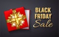 Black Friday Sale Golden glitter sparkle.Open Red Gift box with gold bow and ribbon top view. Vector illustration