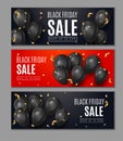 Black Friday Sale Horisontal Web Banners. Flying Shine Balloons on White Black and Red Background with Golden Confetti