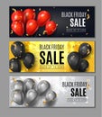 Black Friday Sale Horisontal Web Banners. Flying Shine Balloons on White Black and Red Background with Golden Confetti