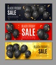 Black Friday Sale Horisontal Web Banners. Flying Shine Balloons on White Black and Red Background with Golden Confetti