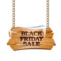 Black Friday sale lettering on Wooden sign suspended on chains.