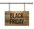 Black Friday sale lettering on Wooden sign suspended on chains.