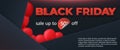 Black friday sale 2019, limited offer. Beautiful discount and promotion banner. 3d inscription, ribbons and red balloons on a dark