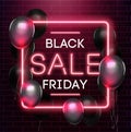 Black friday sale neon background. Black weekend sale banner. Black friday shopping with black baloons illustration.