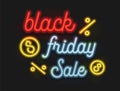 Black Friday Sale Neon Typography with Percent and Dollar Icons for Discount Offer Poster. Creative Banner Royalty Free Stock Photo