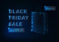 Black friday sale online banner template with glowing low poly shopping bag and text on dark blue background. Futuristic wireframe Royalty Free Stock Photo