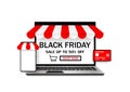 Black Friday sale. Online shopping concept. Laptop screen, Phone mobile, with shop and credit card isolated on white background.