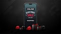 Black Friday Sale, online shopping, up to 25% off, black discount banner with red and black balloons, presents and smartphone.