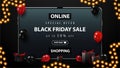 Black Friday Sale, online shopping, up to 50% off, black discount banner with red and black balloons, presents and tablet.