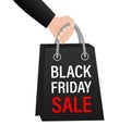 Black friday sale package with hand on white backdrop. White background. 3d illustration. Vector illustration. Royalty Free Stock Photo