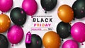 Black friday sale, pink golden balloons. Gift market, celebration shopping symbols, realistic glossy 3d elements