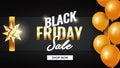 Black Friday sale poster or banner. Luxury design with box, balloons and realistic golden bow on black background Royalty Free Stock Photo