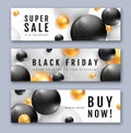 Black friday sale poster with 3D abstract black, white and gold spheres. Set of Typography banners. Royalty Free Stock Photo